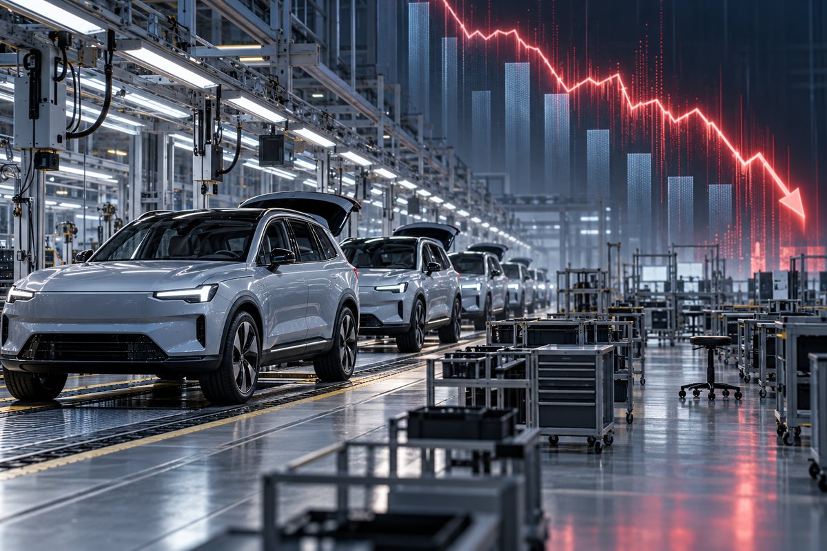 Original conceptual Volvo-style electric SUV assembly line beneath a falling financial chart