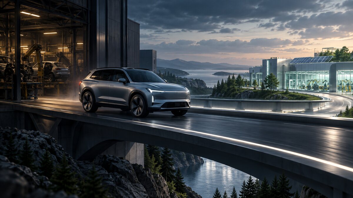 AI-generated illustration. A generic Scandinavian-style electric SUV crosses from an older factory toward a modern production campus; not a Volvo or Škoda vehicle.