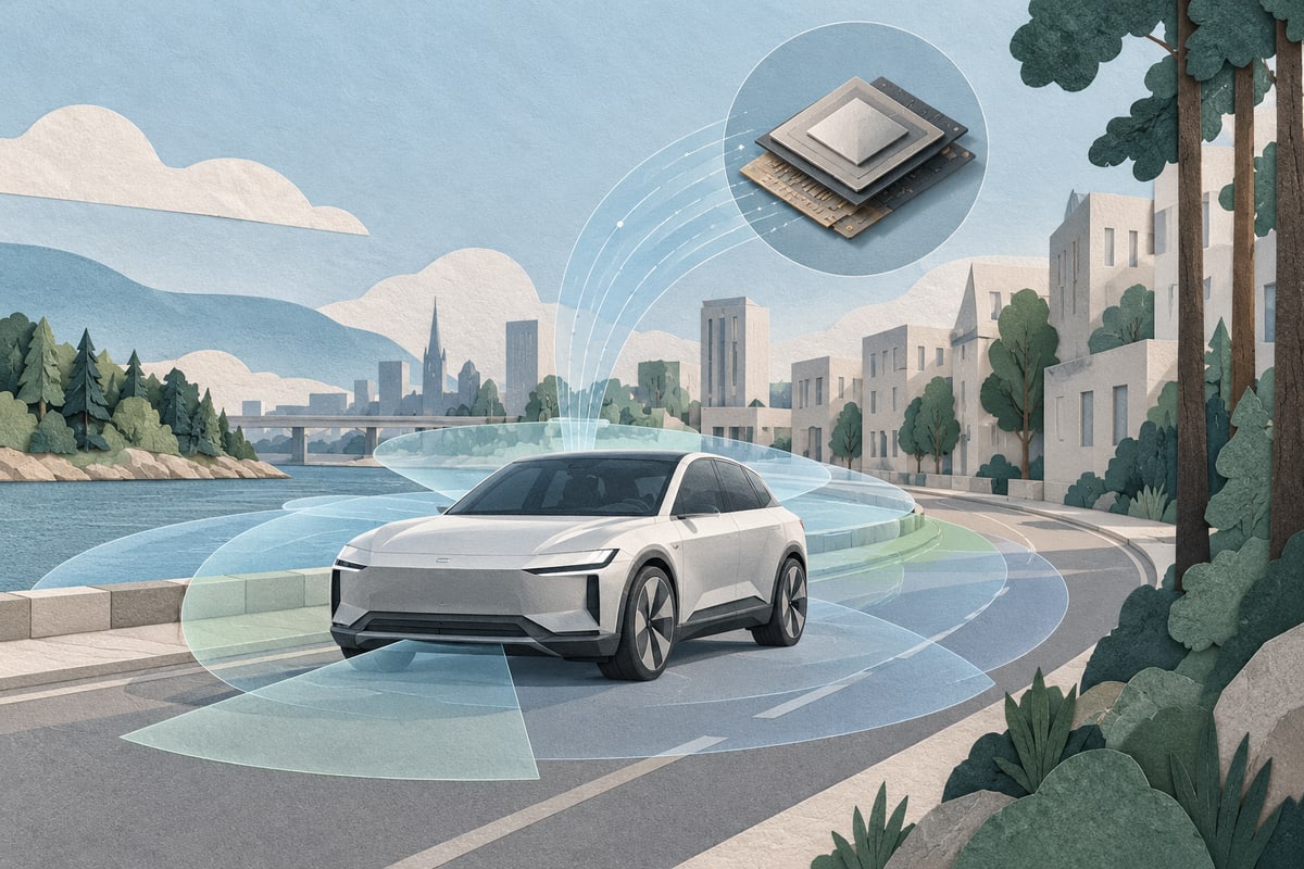 Illustrated car with symbolic sensing arcs beside an abstract computing tile