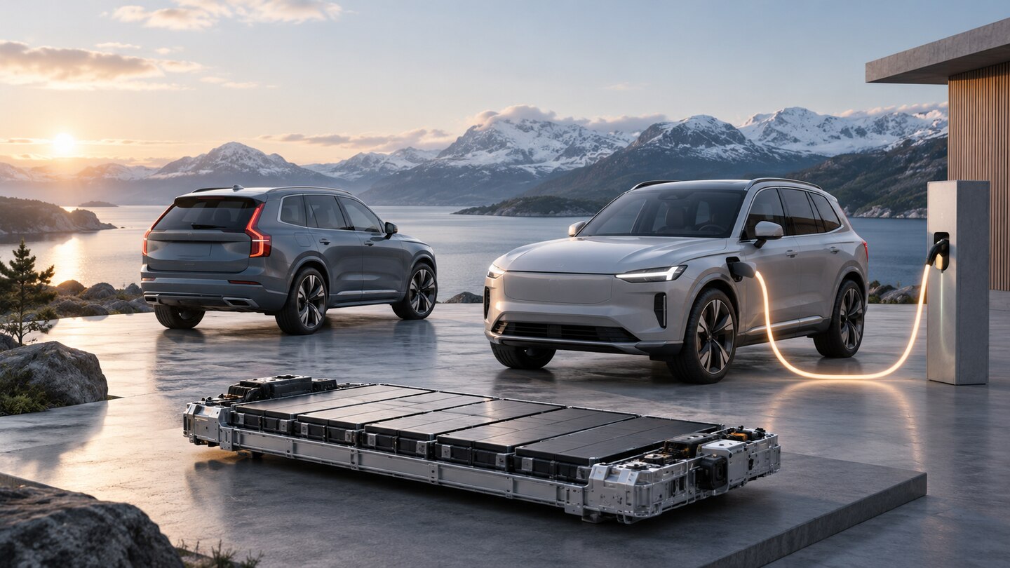 AI-generated illustration. Conceptual unbranded SUVs, battery floor and charger; not the new Volvo XC60 or XC90.