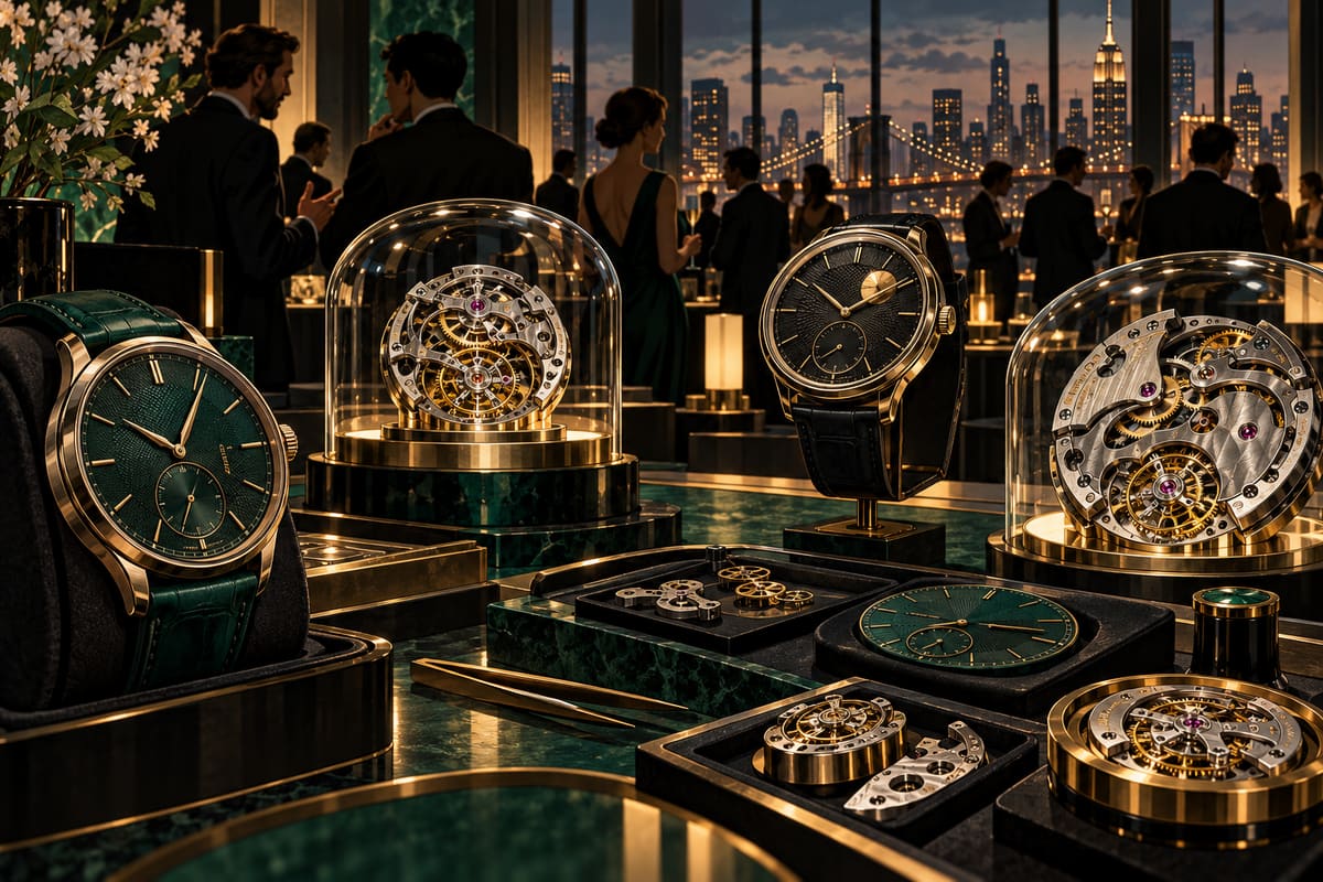 Conceptual illustration of mechanical watches and movements displayed at a collector event