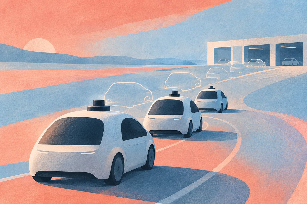 Illustrated robotaxi sculptures followed by faint future-car outlines