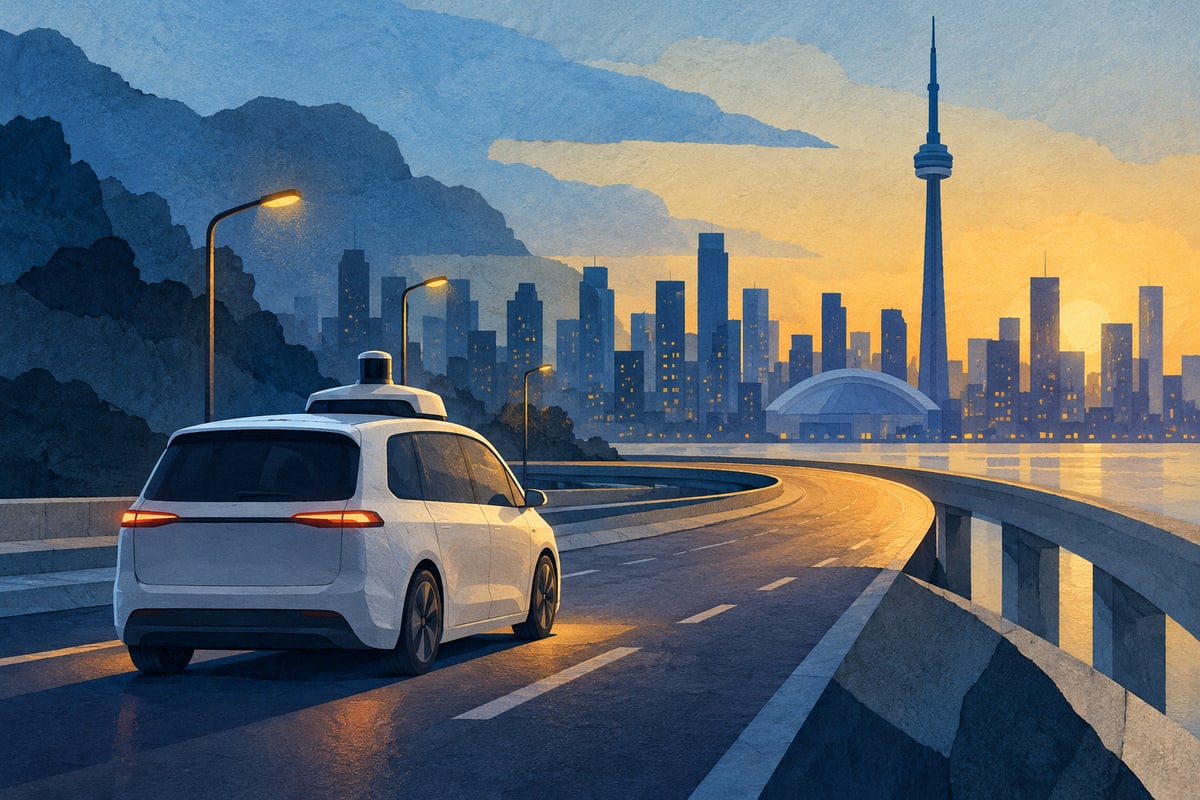 Illustrated autonomous minivan and Toronto skyline beside an unfinished road ribbon