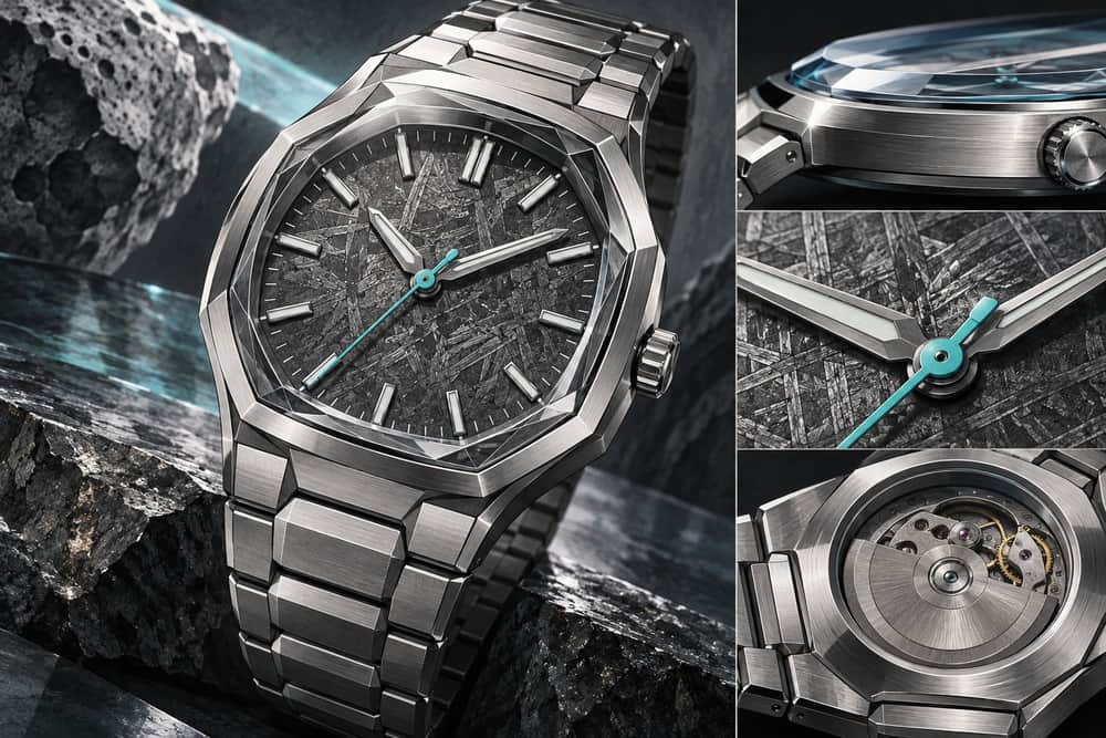 AI-generated illustration of an original unbranded faceted steel sports watch with a meteorite-inspired dial; it is not a photograph or official rendering of the Wren Vessel.
