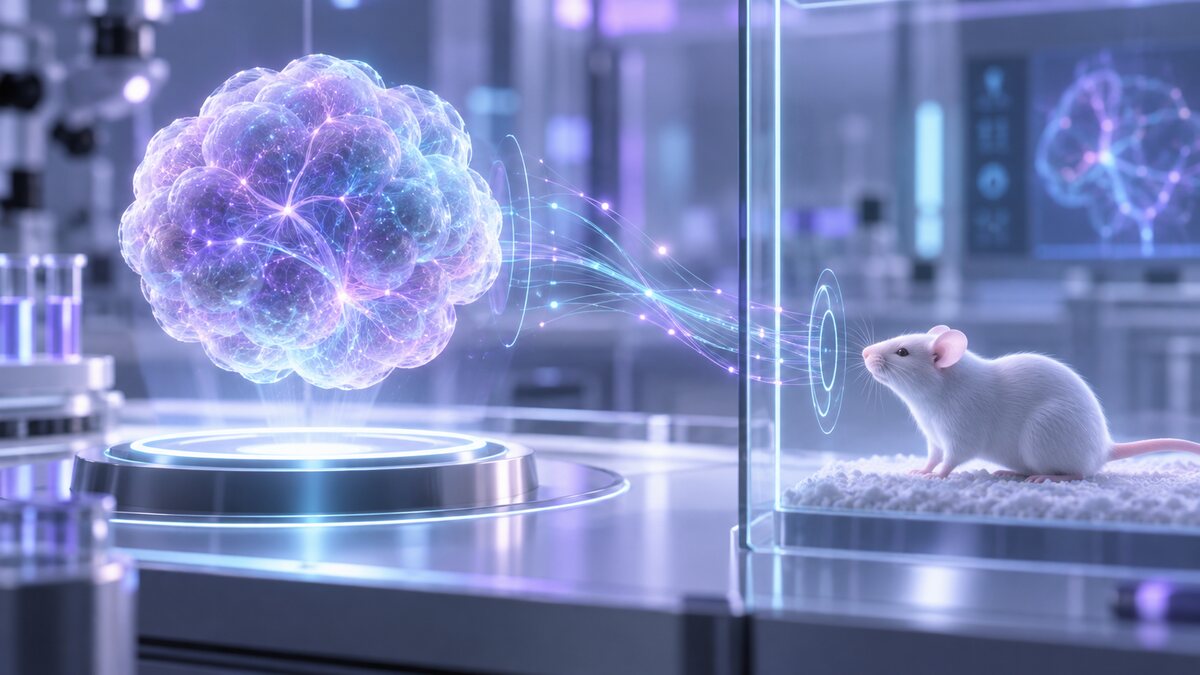 AI-generated illustration. Conceptual cortical organoid and a separated laboratory mouse linked by abstract research pathways; not a photograph of an experiment.