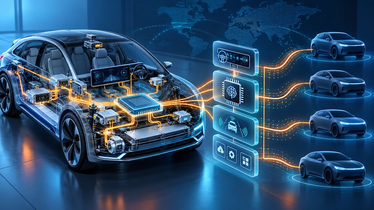 AI-generated illustration. A generic electric-car cutaway linked to software modules and unbranded vehicle silhouettes; not an Xpeng model or product diagram.
