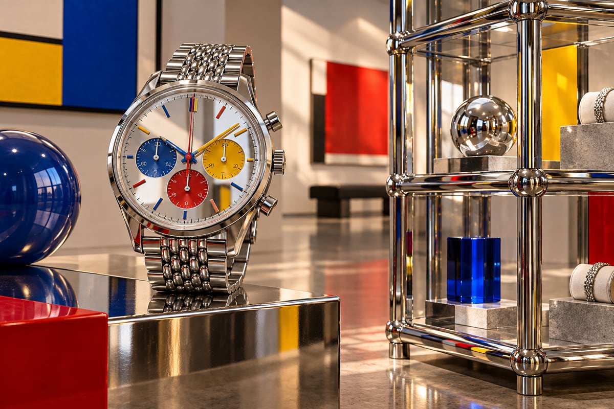 AI-generated illustration of a fictional mirror-dial chronograph beside modular chrome furniture; it is not a photograph of the Zenith and USM auction piece.