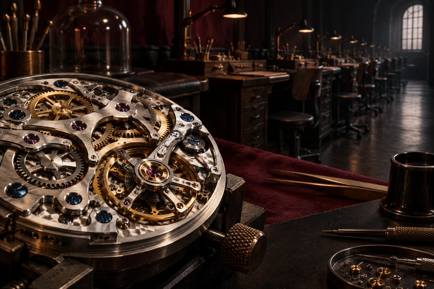 Original conceptual horology illustration showing a complex movement beside a row of empty watchmaker benches